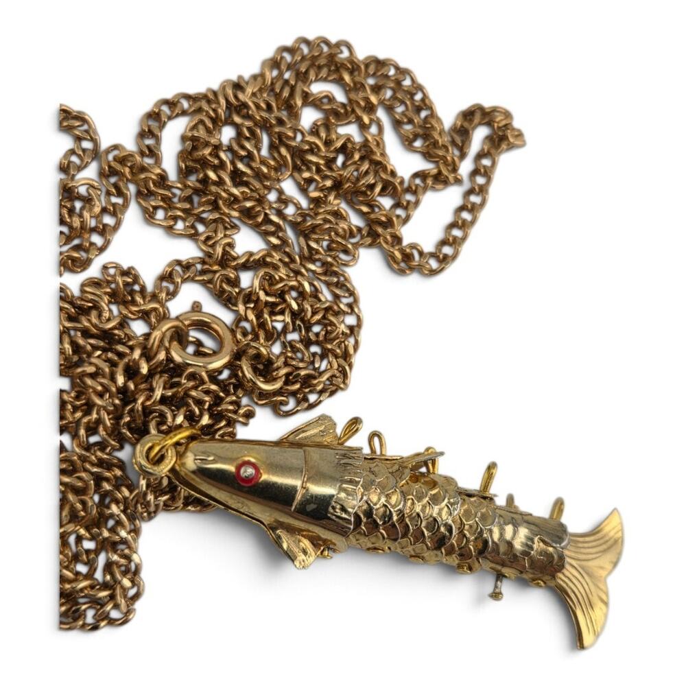 Vintage Articulated Fish Pendant Necklace Double Chain Red Eyes 28 Inch